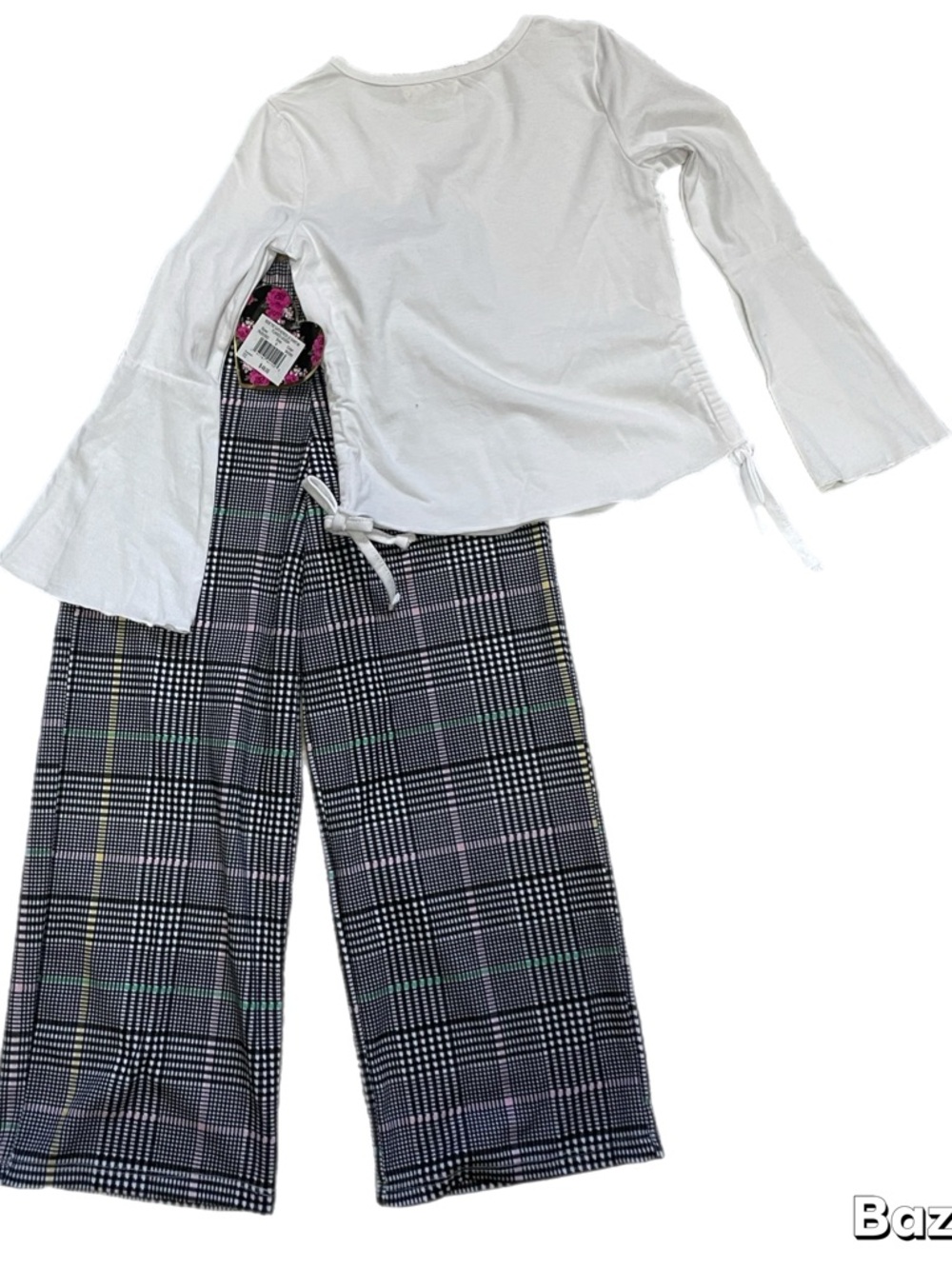 2pc Sz 8 Btween Girls White Bell Sleeve Top W/ Plaid Flare Pants NWT